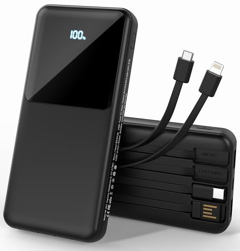 Portable Charger with Built in Cables, Power Bank with Cords Wires, Slim 10000mAh Travel Battery Pack 6 Outputs 3 Inputs 3A Fast Charging for Samsung Google Pixel LG Moto iPhone iPad, 1 Pack