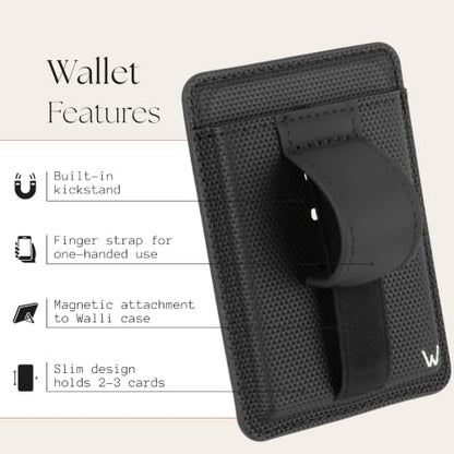 Walli Cases Magnetic Wallet, Slim Card Holder, Kickstand Finger Strap - color: Elite Black