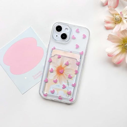NITITOP Compatible with iPhone 14 Plus Case Clear with Card Holder Cute Pink Love Heart Pattern Design Design Soft TPU Shock-Absorbing Wallet Case Protective Cover - Pink - color: Pink, size: iPhone 14 Plus