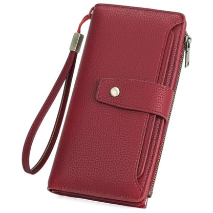 GAEKEAO Womens Wallet RFID Blocking Large Capacity Vegan Leather Card Holder Wristlet Clutch with 32 Card Slots 4 ID Windows - color: X03-Wine Red