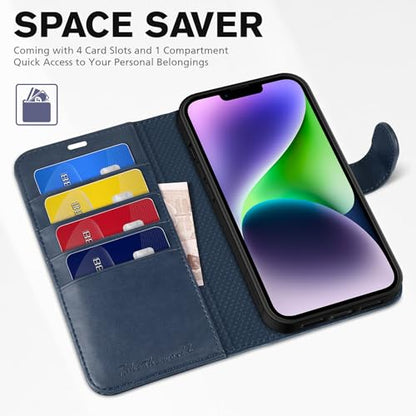 TUCCH Wallet Case for iPhone 14 (6.1") 2022, 4 Card Slots, Dark Blue | RFID Blocking, Viewing Stand, Shockproof TPU Shell, PU Leather, Magnetic Closure, Protective Folio Flip Cover - color: Dark Blue