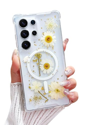 Compatible with Samsung Galaxy S23 Ultra Case,Compatible with MagSafe,Cute Pressed Dried Flowers Design Women Girly Shockproof Floral Clear Magnetic Case for Galaxy S23 Ultra (White) | Cute Pressed Dried White Flowers Design Women Girly Shockproof Floral