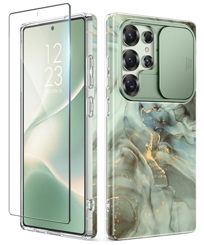 GVIEWIN for Samsung Galaxy S25 Ultra Case with Slide Camera Cover, [Screen Protector] [Shockproof Military Grade Drop Protection] Marble Slim Fit Hard PC Phone Cover S25 Ultra 6.9" 2025 (Desert Dream) - color: C-Desert Dream/Green, size: For Galaxy S25 Ul