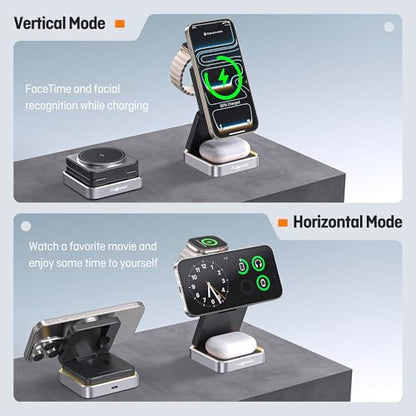 Augnner 3 in 1 Wireless Charging Station for Apple Devices, 15W Foldable Travel Magnetic Charger Stand for Magsafe with Light, for iPhone 18/17/16/15/14/13/12, Apple Watch & AirPods（20W Adapter ） - color: black