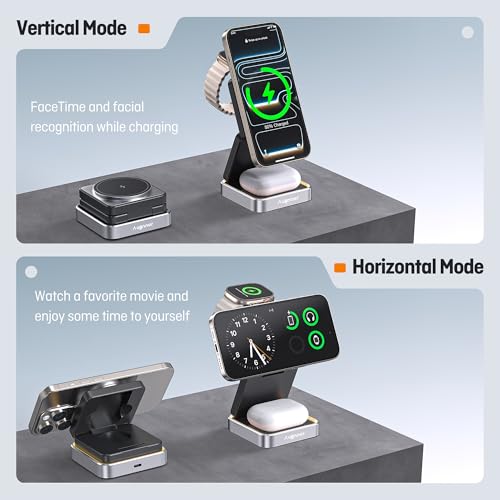 Augnner 3 in 1 Wireless Charging Station for Apple Devices, 15W Foldable Travel Magnetic Charger Stand for Magsafe with Light, for iPhone 18/17/16/15/14/13/12, Apple Watch & AirPods（20W Adapter ） - color: black