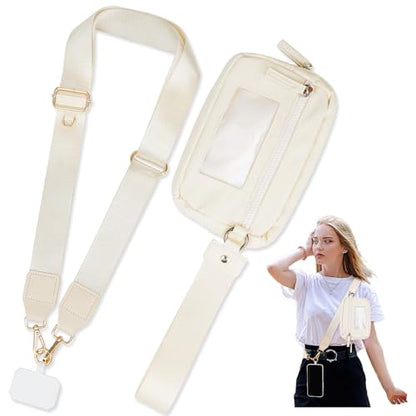 Save Girls Phone Lanyard with Wallet, 2 Pcs-Clip & Go Phone Strap Crossbody with Zippered Pouch & Wrist Lanyard-1 Pad, Universal Cellphone Strap Adjustable Neck Crossbody for Women (Beige) - color: Big Bag Phone Strap-beige