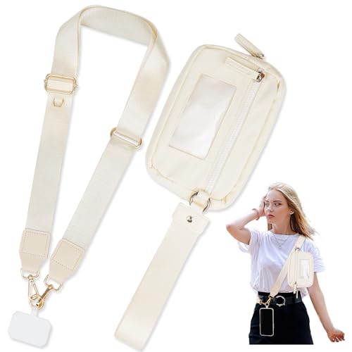 Save Girls Phone Lanyard with Wallet, 2 Pcs-Clip & Go Phone Strap Crossbody with Zippered Pouch & Wrist Lanyard-1 Pad, Universal Cellphone Strap Adjustable Neck Crossbody for Women (Beige) - color: Big Bag Phone Strap-beige
