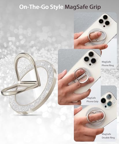 Magnetic Phone Ring Grip Finger Kickstand, Twinkle Transparent Magnetic Double Rings Holder for iPhone 17 16 15 14 Pro Max Plus (Titanium) - color: Titanium