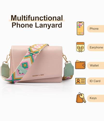 TiMOVO Clip and Go Phone Strap Crossbody with Leather Wallet, Adjustable Anti-Theft Lanyard with Pouch for Most Phone Case - color: Pink + Green + Yellow