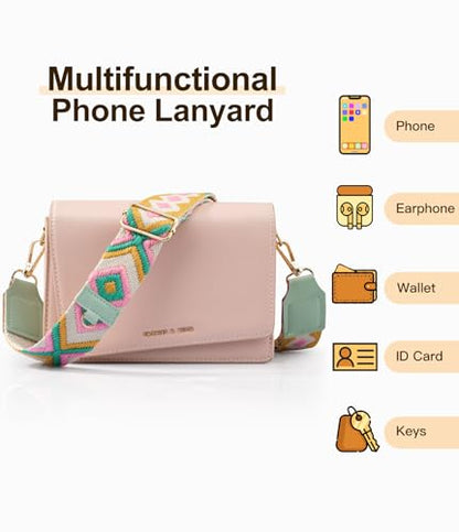 TiMOVO Clip and Go Phone Strap Crossbody with Leather Wallet, Adjustable Anti-Theft Lanyard with Pouch for Most Phone Case - color: Pink + Green + Yellow