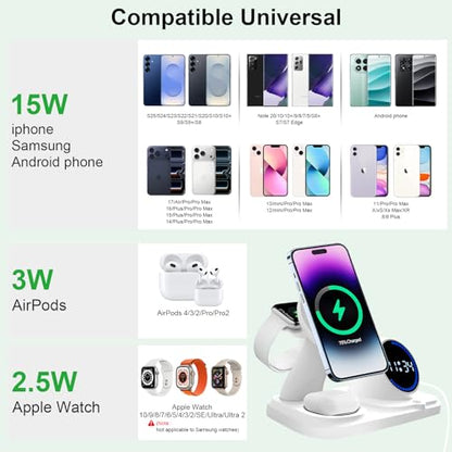 6 in 1 Wireless Charging Station with Bluetooth Speaker Fuction, Charging Stand for Multiple Devices for Apple iPhone 17 16 15 14 13 12 Pro Max Apple Watch Airpods, Digital Clock and Ambient Lights