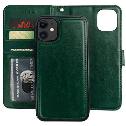 Bocasal Detachable Wallet Case Card Holder for iPhone 11, Green | Kickstand Card Slots Holder PU Leather Magnetic Shockproof Wrist Strap Removable Flip Protective Cover 6.1 inch - color: Green