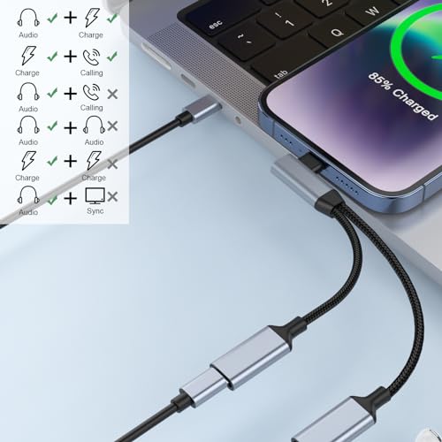 Right Angle 2-in-1 iPhone to Dual Lightning Jack Audio Headphone and Charger Cable Adapter,【Apple MFi Certified】Calling+Music+Charge 90 Degree Earphones Converter Splitter for Apple iPhone 14 13 12 11