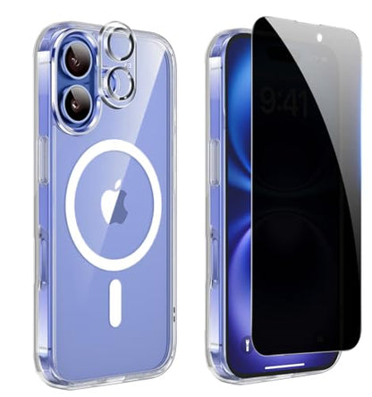 Privacy Case for iPhone 16,Magnetic iPhone 16 Phone Case Clear with Privacy Screen Protector & Camera Protector [Compatible with MagSafe] Shockproof Slim Cover for iPhone16 5G - size: iPhone 16