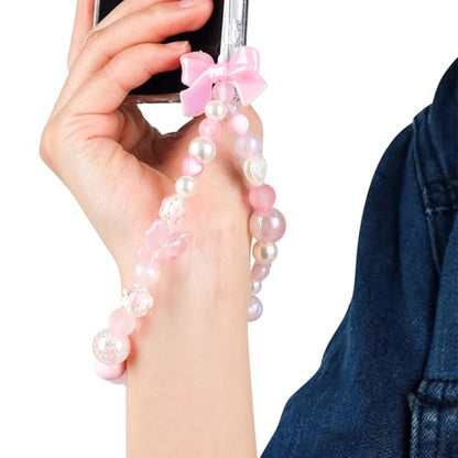LUVI Phone Charm Chain Beaded Charms Keychain Wrist Strap Cute Bow - color: Pink
