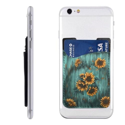 Sunflower Teal Board Wallet Phone Card Holder Wood Pattern Flower Phone Adhesive Card Holder PU Leather Slim Card Holder for Phone Wallet Stick on - color: Sunflower