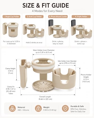3-in-1 Stroller Cup Holder with Phone Holder, Dual Cup Holder with Upgraded Double Clamp, Universal Cup Holder for Stroller, Walker, Wheelchair & Bike, Anti-Spill Stable Drink Organizer (Khaki)