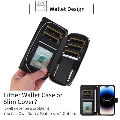 Wallet Case for iPhone 14 Pro Max 6.7 inch with Wrist Strap, Shoulder Strap, 9+ Card Slots Purse Leather Stand Cell Phone Cover for iPhone14promax 5G i Phone14Max Plus iPhone14 ProMax Black | Wrist/Shoulder Strap, Card Slots, PU Leather Stand, Cell Phone