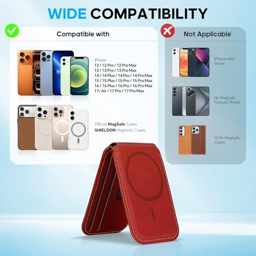 SHIELDON Genuine Leather Magnetic Wallet Stand for MagSafe, Retro Red | Strong Magnetic, 6 Card Holder, Kickstand, Angle Adjustment, Rfid Blocking, Quick-access, for iPhone 17/16/15/14/13/12 Series - color: Retro Red