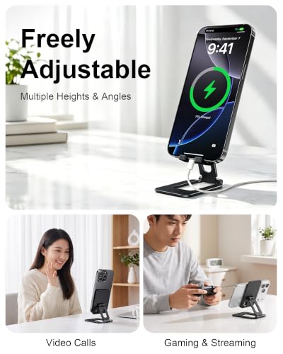 Adjustable Foldable Phone Stand for Desk, Premium Aluminum Cell Phone Holder, Portable Multi-Angle Desktop Stand Compatible with iPhone, Galaxy, iPad, Tablets & All Smartphones
