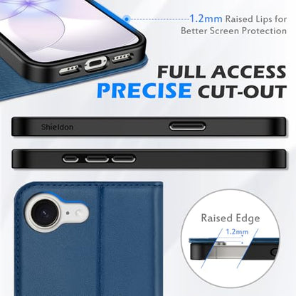SHIELDON Genuine Leather Case Wallet for iPhone 17e/16e 6.1", Royal Blue | Magnetic Closure, RFID Blocking, Credit Card Slot, Viewing Stand, Foldable Design, Shockproof TPU Phone Cover - color: Royal Blue