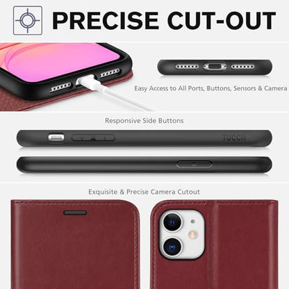 TUCCH Case Wallet for iPhone 11 (6.1") 2019, RFID Blocking Folio, Dark Red | 3 Card Holders, Kickstand, PU Leather, Magnetic Closure, Shockproof TPU Shell, Protective Flip Cover - color: Dark Red