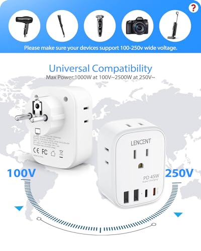 LENCENT Germany France Travel Power Adapter, PD 45W USB C Fast Charger - style: Type E/F-45W-Germany