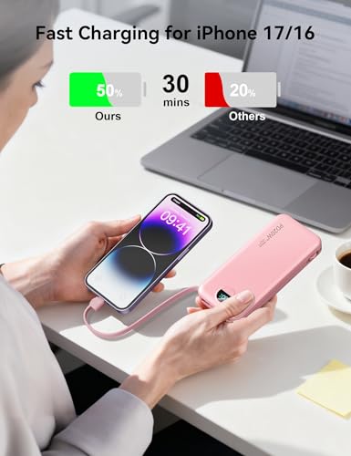 Portable Charger Power Bank 10000mAh with Built in Cables & Wall Plug - color: Light Pink