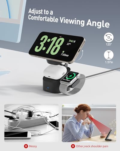iWALK 3-in-1 Magnetic Wireless Charging Stand, 15W Foldable Charger Station for iPhone 16/15/14/13/12, Apple Watch & AirPods, Adjustable Dock with 20W USB-C Adapter - color: black
