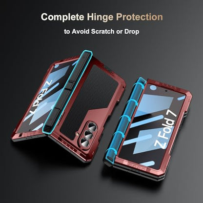 Rugged Armor Case for Samsung Galaxy Z Fold 7 5G, Military Grade Shockproof Protective with Kickstand, Built-in Screen Protector, Metal Bumper & Full Hinge Protection Cover, Red - color: Red