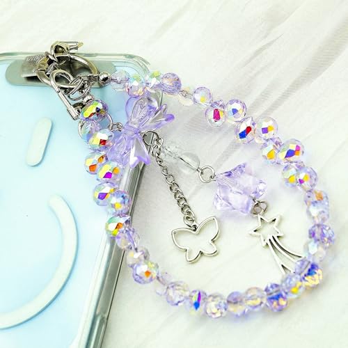 Crystal Beaded Phone Wrist Strap, Cute Cellphone Lanyard Chain, Bow Keychain Wristlet Bag Charms for Women - color: Purple