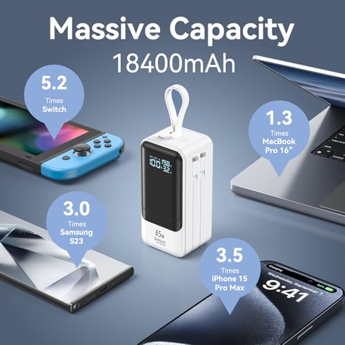 Selore&S-Global 65W Power Bank for Laptop, 18400mAh Fast Charging Portable Charger, Battery Pack with Dual Built-in USB-C & Lightning Cables, LCD Display Travel Chargers for MacBook/Dell XPS
