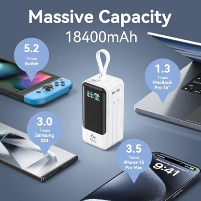 Selore&S-Global 65W Power Bank for Laptop, 18400mAh Fast Charging Portable Charger, Battery Pack with Dual Built-in USB-C & Lightning Cables, LCD Display Travel Chargers for MacBook/Dell XPS