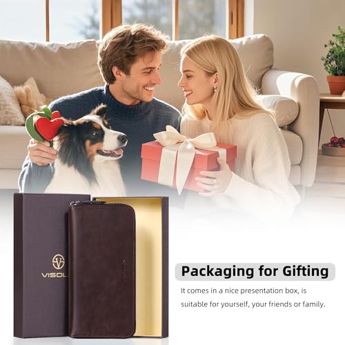 VISOUL Leather Long Zipper Pouch Wallet for Men and Women with RFID Blocking, Large Clutch Cash Long Wallet with Zipper (Coffee) - color: Coffee