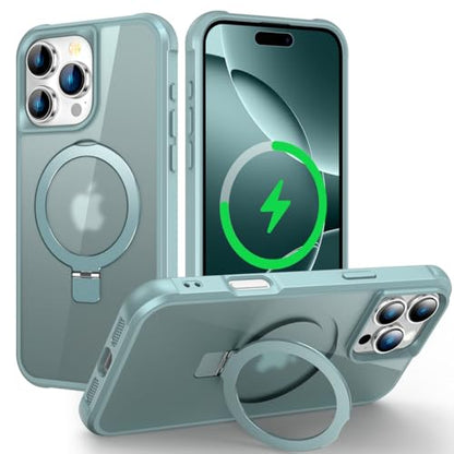 CHAOFEnG Magnetic Compatible with iPhone 16 Pro Case with Stand [Military Grade Drop Tested][Compatible with Magnet] Ring Translucent Slim Hard Back Soft Edge, Teal Green - color: Teal Green, size: iPhone 16 Pro
