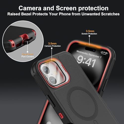 Follaroma for iPhone 16 Case with Magnetic,Heavy Duty Case,6.1'',Black-red - color: Black-red, size: iPhone 16 6.1''