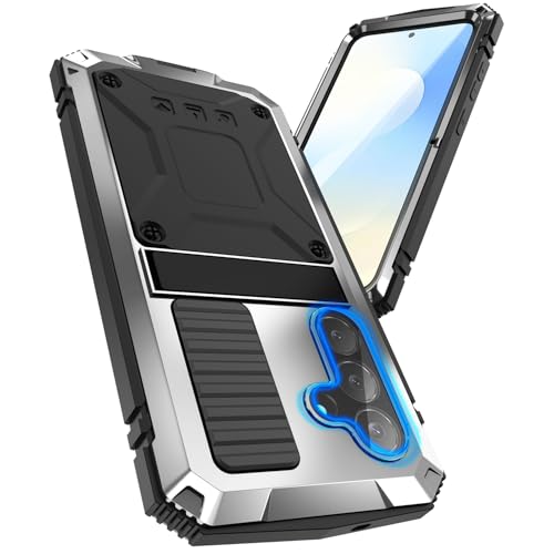 Simicoo for Samsung Galaxy S25 FE Metal Military Heavy Duty Case, Metallic Bumper Shockproof Dustproof Rugged Tough with Stand Screen Protector Camera Control Full Body Drop Protective Cover Silver - color: Silver