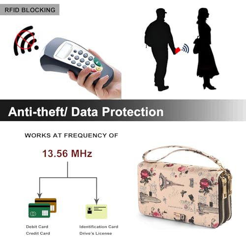RFID Wallet for Women with Cellphone Pocket - Double Zipper Wristlet Purse Large Capacity, 17 Card Slots, Coin Pocket, ID Window, Effel Tower Flower - color: Beige Tower