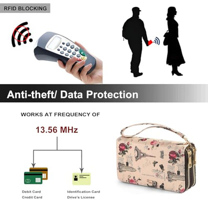RFID Wallet for Women with Cellphone Pocket - Double Zipper Wristlet Purse Large Capacity, 17 Card Slots, Coin Pocket, ID Window, Effel Tower Flower - color: Beige Tower