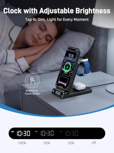 3 in 1 Charging Station for Apple, Travel Wireless Charger with Clock - color: Carbon Fiber