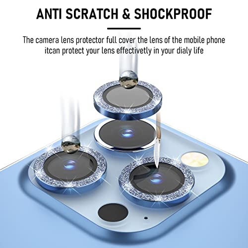 Suoman 3-Pack for iPhone 13 Pro 6.1 inch / 13 Pro Max 6.7 inch Camera Lens Protector, 9H Hardness Tempered Glass Film, [Glitter diamonds] Individual Metal Protective Cover - Far Peak Blue - color: Blue