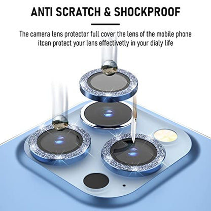 Suoman 3-Pack for iPhone 13 Pro 6.1 inch / 13 Pro Max 6.7 inch Camera Lens Protector, 9H Hardness Tempered Glass Film, [Glitter diamonds] Individual Metal Protective Cover - Far Peak Blue - color: Blue