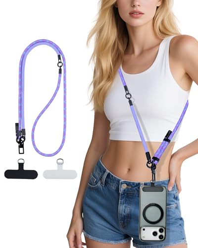 Phone Lanyard Crossbody, 3-in-1 Neck Strap& Wrist Strap, Adjustable Anti-Theft Lanyard with 2 Phone Tether Tabs, Universal CellPhone Strap for All Case, Travel Essential, Purple - color: 5-purple