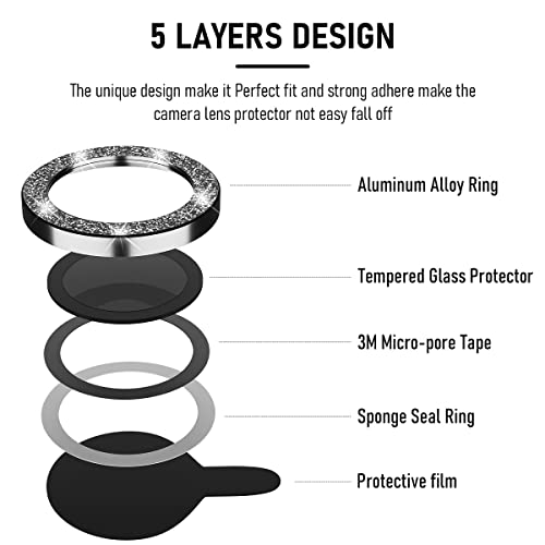 Suoman 3-Pack for iPhone 13 Pro 6.1 inch / 13 Pro Max 6.7 inch Camera Lens Protector, 9H Hardness Tempered Glass Film, [Glitter diamonds] Individual Metal Protective Cover- Black - color: Black