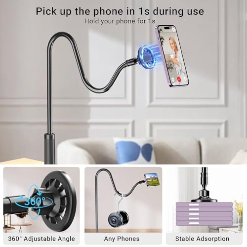 Magnetic Phone Holder for Bed Laying Down with Remote Page Turner, Bedside Gooseneck Phone Stand with Clicker for Reading, Flexible Mount with Wireless Scrolling Ring for iPhone/Tiktok/Short Video
