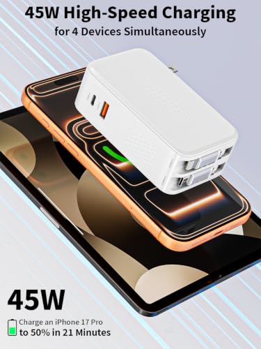 Retractable iPhone Charger Fast Charging,4 in 1 Retractable Wall Charger 45W Travel Essentials Multiport Plug Foldable Block Lightning &USB C Cables for iPhone 17Pro Max/16/15/14/13/12/11,iPad,AirPods