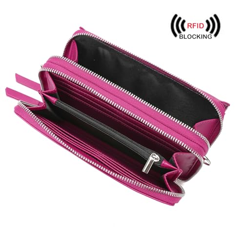 RFID Crossbody Wallet Wristlet Purse with Phone Pocket For Women Vegan Leather - color: B-fuchsia
