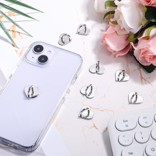 Gosknor 8pcs Heart Cell Phone Ring Holder, Cute Phone Charm Hooks Adhesive Smartphone Finger Ring Grip Sticky Metal Loop Stand for Cellphone Case Pad Tablet DIY Accessories (Silver) - color: silver