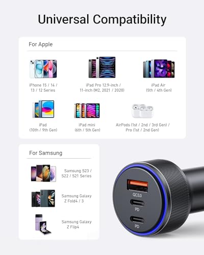 Car Charger for iPhone 17/17 Pro Max USB C Fast Charger,2Pack 90W 3-Port Charger Adapter for iPhone 16/16 Plus/16 Pro/16 Pro Max/15/14/Pro Max/AirPods4/ iPad Pro/Mini, (USB C to C Cable) - size: 4