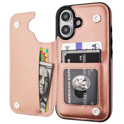 ONETOP for iPhone 16 Wallet Case with Credit Card Holder,Rosegold | Kickstand,ID/Cash Holder,Case Wallet with Card Slots,Double Magnetic Clasp,Durable PU Leather Shockproof Cover for Women Men - color: Rose Gold